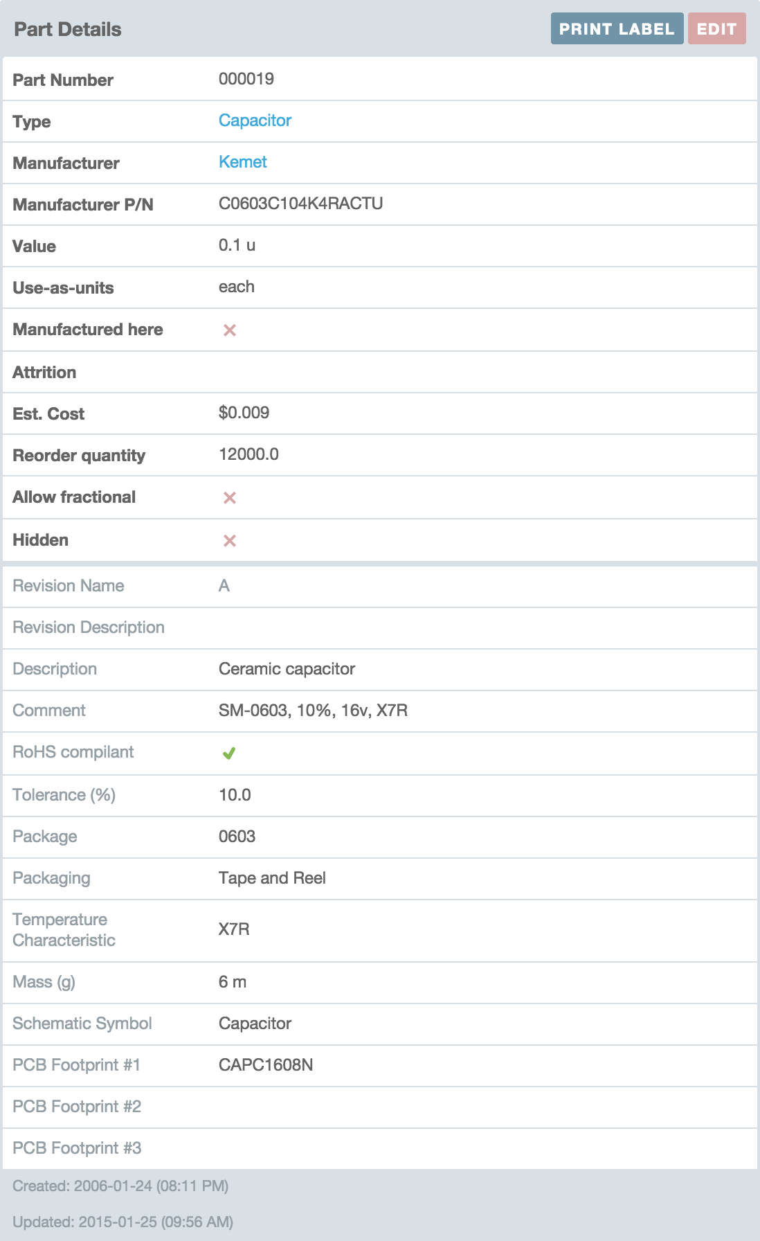 Part Details with basic parameters at the top and custom parameters at the bottom.