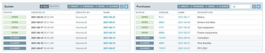 Aligni MRP screens that track inventory quotes and purchases.