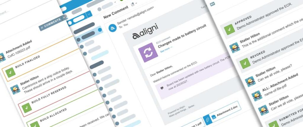 images of discussion and email collaboration screens inside Aligni PLM and Aligni MRP