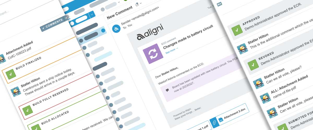 images of discussion and email collaboration screens inside Aligni PLM and Aligni MRP