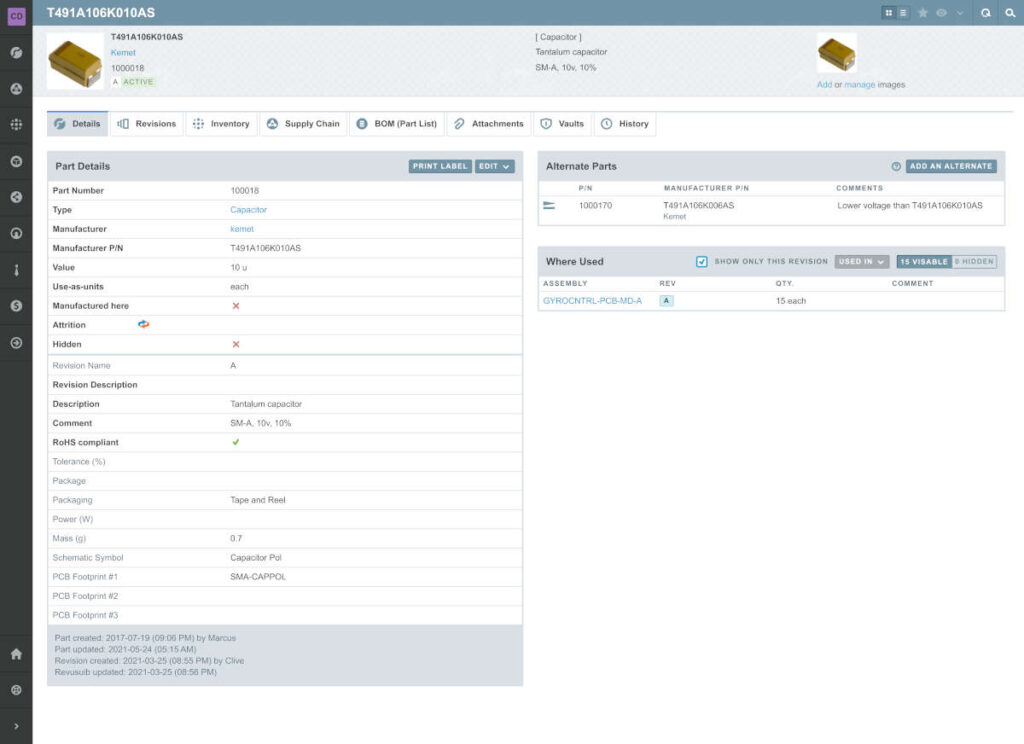 Aligni Part Details screen shows information about the component